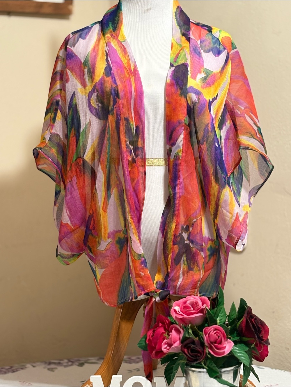 Multicolor Sheer Watercolor Kimono Tunic - Vibrant Summer Layer